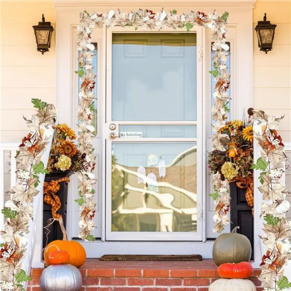 Fall Maple Leaf Garland with White Pumpkins Clusters of Berries